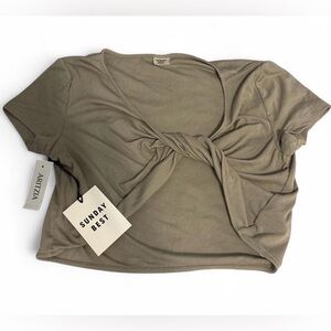 Aritzia Sunday Best Taupe Twist Front Crop Top